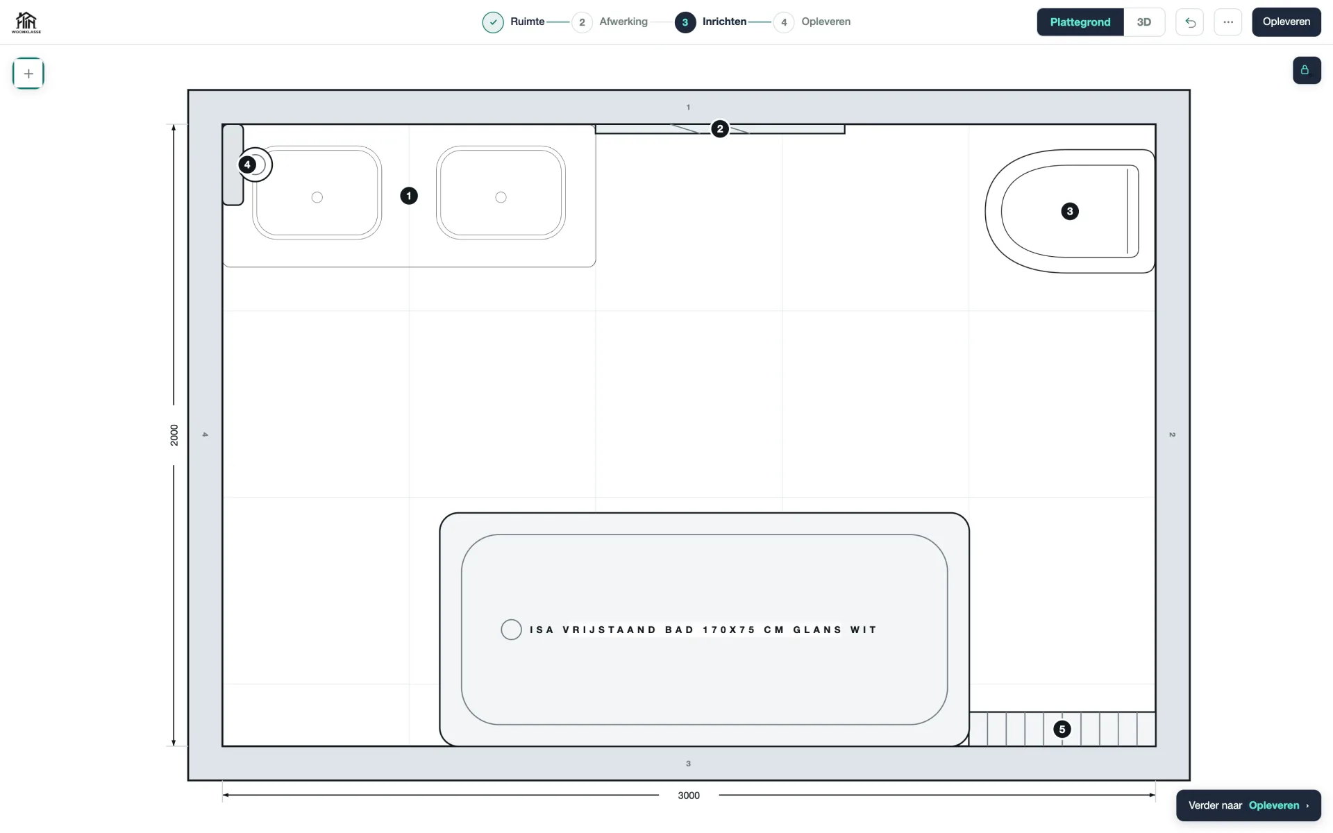 The planner floor plan view with dimensions and placed products